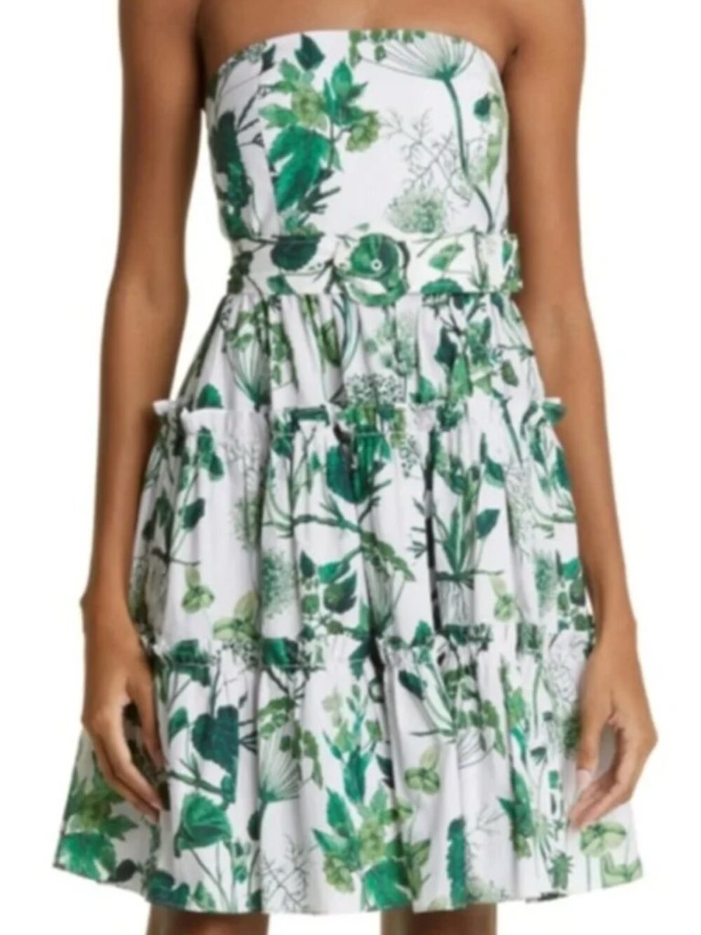Cara Cara Mini Dress Size 00 White Green Floral Strapless Belted Tiered Babydoll